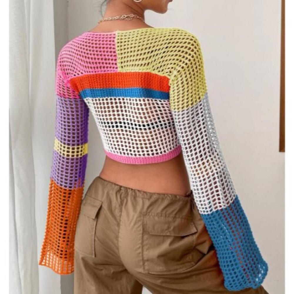 Neon Colorblock Crop Top Sweater Long Sleeve Over Knit Cotton Small